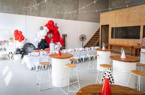 Race Car | CatchMyParty.com Fast One Table Centerpiece, Two Fast Centerpieces, Race Car Centerpiece Ideas, Car Birthday Party Ideas, Race Car Birthday Party Ideas, Race Car Theme Party, Car Centerpieces, Cars Cake Design, Vintage Car Birthday