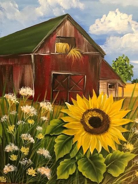 2 Hours of pre-recorded live online instruction with Donna Dewberry, creator of One Stroke painting technique. Features student interaction, close-ups of stroke work and trouble-shooting with Donna. Summer time around a barn can be beautiful, with gorgeous sunflowers blooming around, it makes for a fun landscape painting. Learn perspective for sketching in the barn building as well as the floral strokes to create the flowers. All downloadable videos are non refundable once purchased THIS IS NOT Sunflower Farm, Sunflower House, Fall Canvas Painting, Farm Paintings, House Design Ideas, Barn Painting, Barn Art, Summer Painting, Canvas Painting Diy