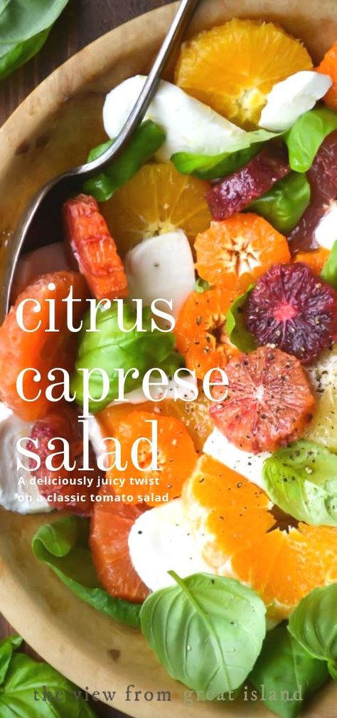 Citrus Caprese Salad with Honey Vinaigrette ~ this is my riff on the classic caprese salad, with bright juicy citrus fruit standing in for the tomatoes. #easy #recipe #salad #sidedish #citrus #caprese #mozzarella #basil #healthy #oranges #tangerine #bloodorange Citrus Caprese Salad, Unique Caprese Salad, Melon Caprese Salad, Unique Fruit Salad, Citrus Food Ideas, Citrus Theme Party Food, Citrus Recipes Dinners, Citrus Appetizers, Citrus Salads