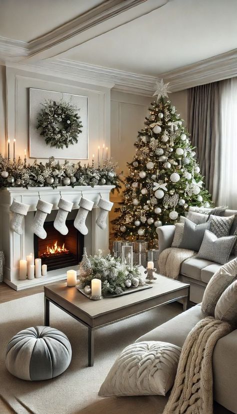 Sleek Christmas Decor, Modern Christmas Aesthetic, Elegant Christmas Tree Decorations, Christmas Living Room Decor, Cozy Christmas Living Room, Silver Baubles, Matching Stockings, Christmas Miracle, Christmas Luxury