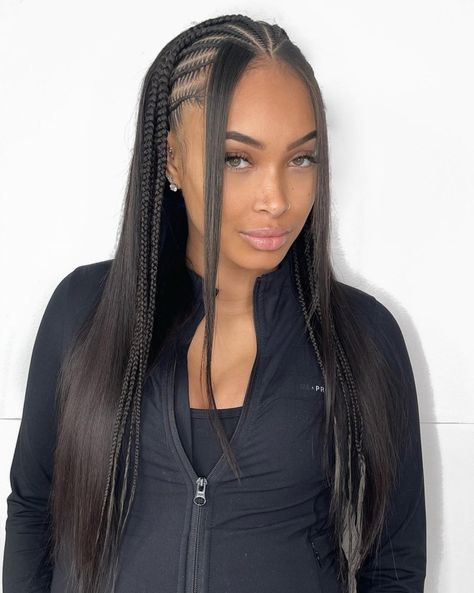 Straight Hair with Tribal Braids Half Braids Half Straight Hair, Straight Hair With Braids, Cornrows And Braids, Braids Straight Hair, Straight Hair With Braid, Half Braided Hairstyles, Sleek Straight Hair, Colored Box Braids, Half Braid