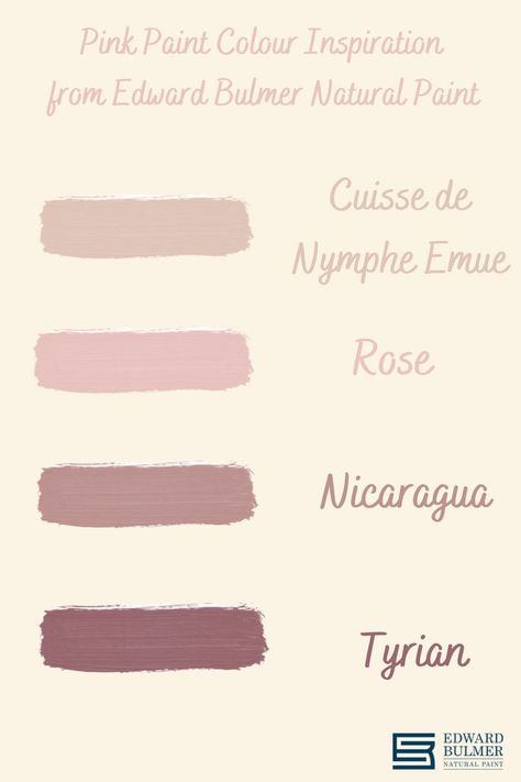 Pink in 4 different tones, from our dusty Cuisse de Nymphe Emue, to the deep, strong Tyrian, via strong feminine rose and earthy Nicaragua. All colour tones are covered with our natural paint and soft matt finish. We offer 12 pinks in total, to be inspired by the other 8, click on the link. #pinkpaint #naturalpaint #plasticfree Natural Paint Colors, Edward Bulmer, Strong Feminine, Paint Mixer, Pink Paint Colors, Natural Paint, All Colour, Sitting Rooms, Paint Color Inspiration