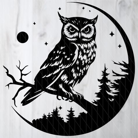 "Embark on a creative journey with our exquisite \"Lunar Owl SVG\" file! Designed for decal makers, digital artists, print-on-demand maestros, and anyone seeking a touch of nocturnal magic, this high-quality SVG encapsulates the grace of an owl against a moonlit forest backdrop. Your canvas is now a moonlit sky--let the creativity take flight! Why Choose our \"Lunar Owl SVG\" for Your Creations? Versatile Creativity: Tailored for decal makers, digital artists, and sticker enthusiasts, this SVG file is a versatile addition to your toolkit. Bring the magic of the night to your projects effortlessly. Premium Quality Imagery: Crafted with precision, our high-resolution design ensures that every feather, every moonbeam, is captured with remarkable clarity. Your creations will exude the same bri Owl Svg, Owl Decal, Owl Silhouette, Vogel Silhouette, Owl Vector, Owl Moon, Moonlit Sky, Forest Backdrops, Wood Painting Art