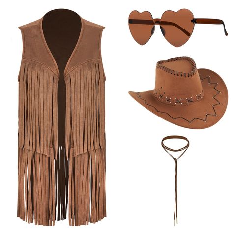 PRICES MAY VARY. Retro Design: This suit is based on the classic hippie style women's fringed vest, using light and modern materials. The collarless cardigan and long fringe design show a sense of fashion, allowing the wearer to stand out in the fashion trend. Western Cowboy Elements: The cowboy hat that combines retro western style is made of polyester felt material, which is strong and can maintain its three-dimensional shape well, adding a unique retro atmosphere to the overall look, showing Cowgirl Look Western, Plus Size Cowgirl Outfits Black Women, Texas Style Fashion, Hoedown Outfit, Cowgirl Outfits Black Women, Western Cowgirl Costume, Trendy Shein Outfits, Winter Cowgirl Outfit, Western Cowgirl Outfits