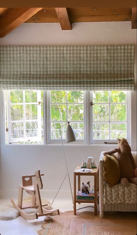 Gingham Curtains Nursery, Dormer Window Curtains, Gingham Curtains Bedroom, Venice Bedroom, Gingham Nursery, Play Loft, Gingham Curtains, Cottage Renovation, Cottage Living Rooms