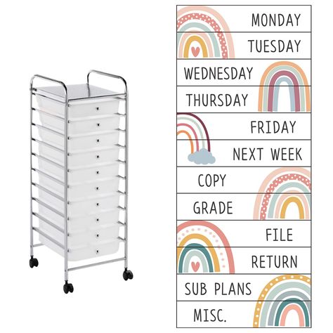 PRICES MAY VARY. Package included: these 10-drawer teacher rolling cart labels set included 12 pieces labels that are labelled with the following words: Monday, Tuesday, Wednesday, Thursday, Friday, Next week, Copy, Grade, File, Return, Sub Plans, Misc., and 3 sheet of glue point to easy set up the rolling cart, a great way to stay organized while adding a cute touch of decor to your classroom Measurement: these rolling cart labels are designed to fit the 10-drawer rolling cart drawers but can f Teacher Rolling Cart, Teaching Classroom Decor, Boho Classroom Decor, Boho Classroom, Prek Classroom, Drawer Labels, Teacher Office, Rolling Storage Cart, Rolling Storage