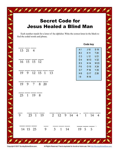 Jesus Healed a Man Born Blind Secret Code Activity Awana Crafts, Childrens Bible Activities, Printable Bible Activities, Story Crafts, Bible Worksheets, Miracles Of Jesus, Bible Activities For Kids, School Zone, Jesus Heals