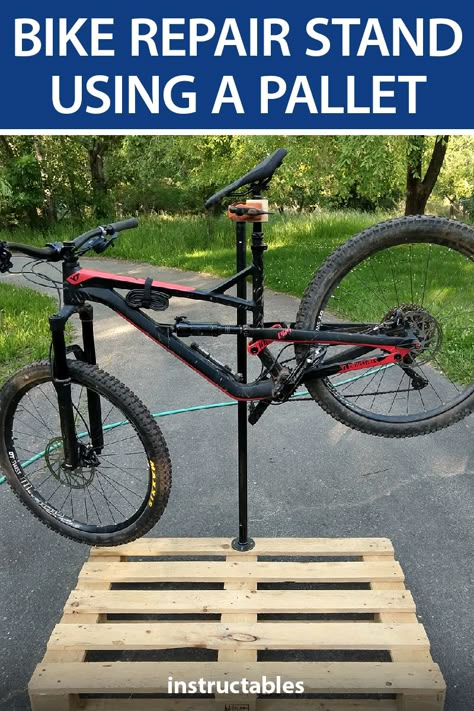 Make a bike repair stand for under $40 by using a pallet. #Instructables #workshop #woodshop #woodworking #reuse #upcycle Bicycle Repair Stand Diy, Diy Bike Work Stand, Diy Bike Repair Stand, Homemade Bike Stand, Bike Stand Diy, Bicycle Repair Stand, Bike Work Stand, Bike Stands, Bike Repair Stand