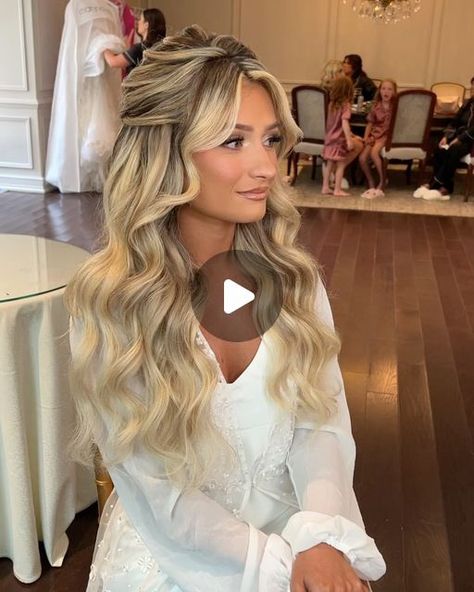 Theresa Mazza Bridal Hair on Instagram: "The most perfect bridal hair and makeup 🤌🏻  Hair: @theresa_theposhbride  Makeup: @stephrosemua  Venue: @valleyregencynj   #valleyregency #njbridalhair #halfup #halfdown #halfuphalfdownhairstyle #bridalhairdo #halfupdo #blondeinspo #weddingmakeupideas #hairinspo #blondebombshell #njvendors #njvenue #bridalhairstyling #bridalhairstyleideas #parkchateau #cedarlakesestate #destinationweddinghairstylist #destinationbride #bellamihair #weddingday #weddinginspo" Half Up Side Part Wedding Hair, Wedding Hair Down Extensions, Curled Hair With Extensions, Half Up Half Down Volume Wedding Hair, Bridal Hair With Strapless Gown, Bridal Half Up With Veil, Half Up Volume Wedding Hair, Half Up Half Down Hair Wedding Veil, Blonde Bride Hair Down