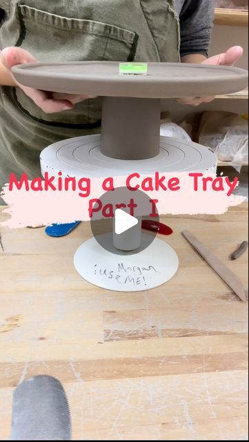 DJ Does Pottery on Instagram: "Making a cake tray part one 🎂   First step to make a cake tray is throwing its parts on the wheel. There are two components to a cake tray: the plate where cake or cookies or whatever you like to indulge in sits and the base, which holds up the plate and its drool worthy contents. This base is an open cylinder. It could’ve also been a closed bottom cylinder—this is a design choice. I’ve made two cake trays, each with a different base to see which I like better. The closed bases gives a bit more structure and stability.  #pottery #prep #ceramic #studio #preparation #potterystudio #potterylove #potterylife #handbuiltceramics #porcelain #clay #clayart #clay #handmade #art #artoftheday #progress #process #contemporaryceramics #makersgonnamake #claysculpting #han Ceramic Cake Plate Stand, Handmade Ceramic Cake Stand, Cake Plate Ceramic, Pottery Cake Stand Handmade, Pottery Cake Plate, Ceramic Cake Stand Handmade, Ceramic Cake Plate, Clay Cake Stand, Ceramic Tray Ideas