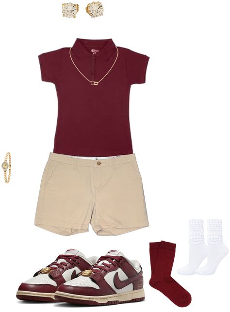 Maroon & Khaki uniform outfits outfit ideas | Outfits for the first week of school Burgundy Uniform Outfit, Cartier Love Necklace, Uniform Outfits, High School Uniform, First Week Of School, Gold Diamond Earrings Studs, Backpacks For School, Gold Diamond Studs, Stylish Backpacks