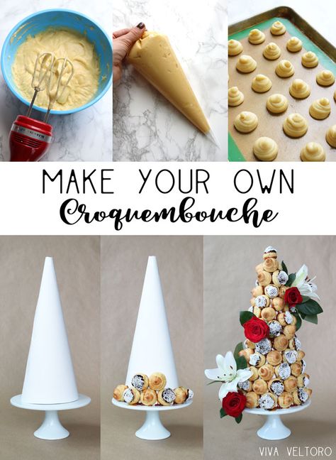 Cream Puff Tower Wedding, Croquembouche Decoration, Cream Puff Display Party Ideas, Cream Puff Tower How To Make, Christmas Tree Croquembouche, Crocembouche Recipe, Cream Puff Display, Halloween Croquembouche, Crocumboche Tower