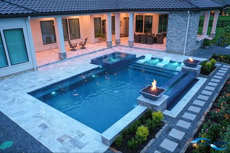 Pool With Patio Ideas, Modern Pools With Spa, Transitional Pool Design, Landscaping Around Rectangle Pool, Square Pool With Hot Tub, Modern Home Pool, Modern Pools Design, Geometric Pool Designs With Spa, Home Pool Ideas Backyards