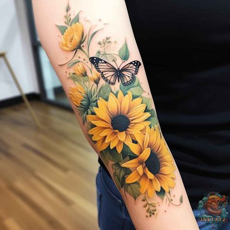 icons. Tattoo Sunflower And Butterfly, Fall Sunflower Tattoo, Wildflower Sleeve Tattoo, Sunflower And Butterfly Tattoo, Sunflower Shoulder Tattoo, Wildflower Tattoos, Simbols Tattoo, Sunflower Tattoo Meaning, Tatuaje Cover Up