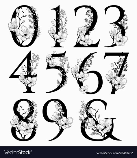 Fancy Numbers Fonts, Fancy Numbers, Number Tattoo Fonts, Floral Numbers, Numbers Typography, Number Tattoos, Floral Font, Number Art, Hand Drawn Floral