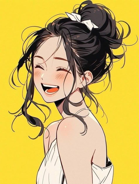 Girl Smiling Drawing, Smile References Drawing, Flowy Hair Drawing, Smile Drawing, 심플한 그림, Anime Smile, Japon Illustration, Dessin Adorable, Digital Art Anime