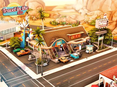 Hop on the time machine to visit this 50s-inspired bowling alley in Googie architecture! There's also a bar that offer a great deals of drinks.🍷 Googie Architecture, Sims 4 Inspiration, Free Sims, Sims 4 Builds, The Time Machine, Save File, Bowling Alley, Sims 4 Build, Time Machine