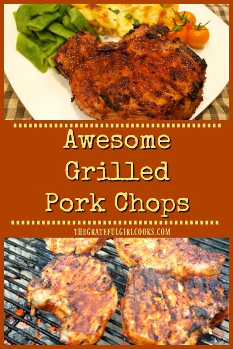 Awesome Grilled Pork Chops are easy, flavorful & juicy! They're brined in salt/water/sugar overnight, and coated with spices before grilling. via @gratefuljb 3 Ingredient Marinade, Pork Chops Grilled, Homeschool Meals, Pork Chops Bone In, Pork Chop Recipes Grilled, Bone In Pork Chops, Marinated Pork Chops, Grilled Foods, Chop Recipes