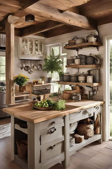 Rustic Log Cabin Kitchens Cabinets, Small Kitchen Country Style, French Country Kitchen Cabinets Farmhouse Style Open Shelving, Rustic Cottage Farmhouse, Country House Kitchen Ideas, Small Western Kitchen Ideas, Kitchen Cabinet Color Ideas Small Space, Cabin Small Kitchen, Small Farm Kitchen