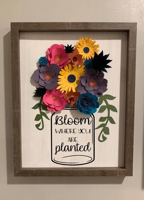 Rolled Flowers Cricut Projects, Cricut Flower Shadow Boxes, Cricut Flower Shadow Boxes Diy, Rolled Paper Flower Shadow Box Ideas, Cricut Shadow Box Ideas With Flowers, Shadow Box Roses Cricut, Plant Signs, Flower Shadow Box, Bloom Where You Are Planted