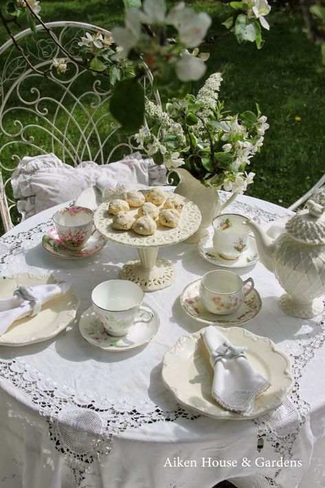 Aiken House  Gardens: A White Garden Tea This is what to do with Mother's white lace rounds and my new white dishes! Afternoon Tea Parties, Chocolate Caliente, Tea Party Garden, English Tea, Tea Garden, White Gardens, My Cup Of Tea, Cups And Saucers, White Table