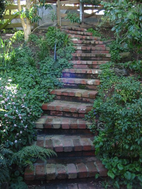 Brick Stairs, Food Forest Garden, Brick Steps, Stone Steps, Brick Garden, Garden Stairs, Hillside Landscaping, Cottage Garden Design, Sloped Garden