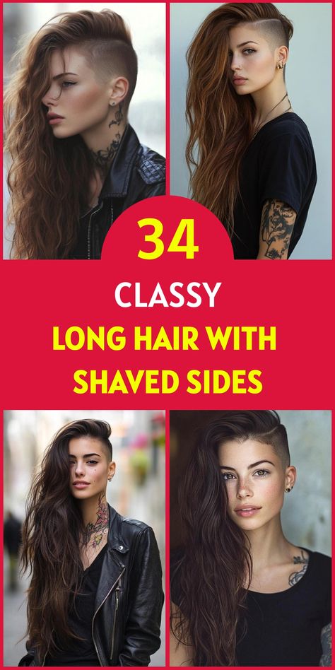 Transform your look with the dynamic duo of long hair and shaved sides. This versatile style allows you to switch between edgy and elegant effortlessly. With 34 unique variations, you can experiment with different lengths, textures, and undercut patterns. Whether you're aiming for a punk rock vibe or a softer, bohemian feel, this hairstyle adapts to your mood and personality. Womens Hair Shaved Sides Long Top, Women Half Shaved Hairstyles, One Side Shaved Hairstyles Long, Hair Styles For Half Shaved Head Style, Long Hair Side Shave For Women, Shag Hair With Shaved Sides, Deathhawk Women, Undercut With Sideburns, Women’s Under Cut Hair