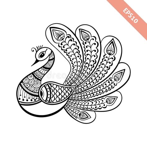 Hand drawn black line peacock mehendi style.Decoration in ethnic Indian style. Doodle sketch for tattoo, coloring page, t-shirt design, embroidery stock illustration Peacock Doodle Art, Peacock Line Art, Stilasi Fauna, Peacock Outline, Mehendi Style, Ready Rangoli, Sketch For Tattoo, Henna Doodle, Butta Design