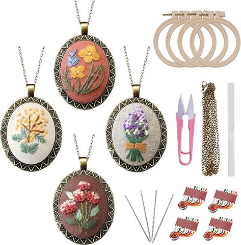 Amazon.com: Embroidery Kits for Beginners, 4pcs Embroidered Pendants Floral Embroidery Necklace, Mini Cross Stitch Kits with Patterns and Instructions, Hand Sewing Jewelry Ornament Embroidery Pendant, Hoop Necklace, Embroidery Necklace, Hand Embroidery Kit, Mini Cross, Mini Cross Stitch, Needlework Embroidery, Diy Cross Stitch, Make Your Own Jewelry