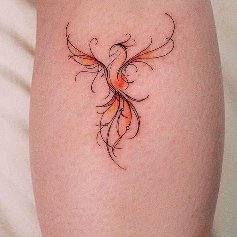 Phoenix Tattoo about strength Flame Tattoos Feminine, Explore Tattoo Ideas, Strength Tattoo Ideas, Tattoo About Strength, Watercolor Phoenix Tattoo, Phoenix Back Tattoo, Small Phoenix Tattoos, Phoenix Tattoos, Bright Tattoos