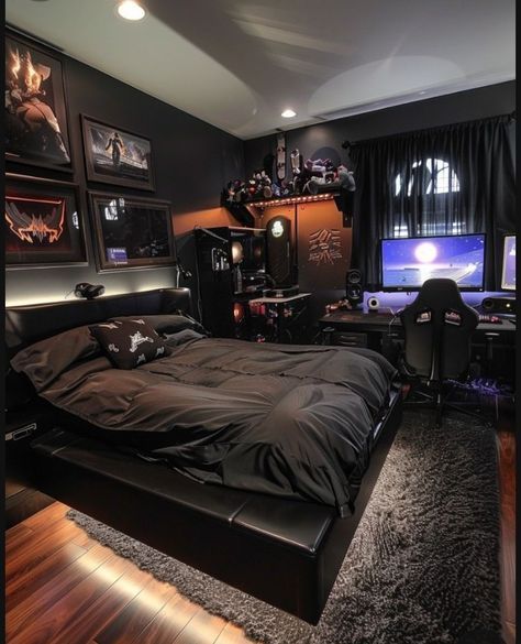 Mens Bedroom With Desk, Man Room Aesthetic, Mens Bedroom Ideas, Male Bedroom Ideas, Room Ideas For Men Bedroom, Mens Room Decor, Gaming Bedroom, Bedroom Ideas For Men, Gamer Bedroom