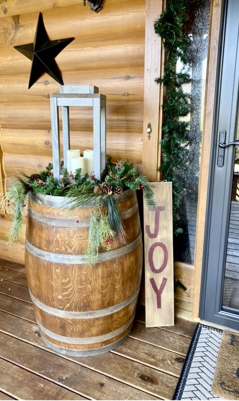 Whiskey Barrel Winter Decor, Christmas Wine Barrel Front Porch, Christmas Barrel Decor, Wine Barrel Decor Ideas, Wine Barrel Christmas Decor, Whiskey Barrel Christmas Decor, Wooden Barrel Ideas, Barrel Decor Ideas, Barrel Christmas Decor