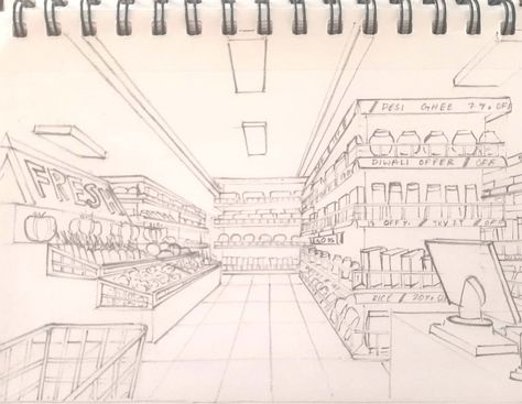 Grocery Shopping Drawing Reference, Grocery Store Perspective Drawing, Grocery Store Sketch, Front Perspective Drawing, Grocery Drawing, Grocery Store Drawing, Supermarket Drawing, Nata Drawings, Store Drawing