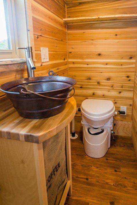 Rustic Pail Sink - Davis' Off-Grid Tiny House by Mitchcraft Tiny Homes Small Sink Ideas Kitchen, Off Grid Bathroom Ideas, Off The Grid Bathroom Ideas, Off The Grid Bathroom, Off Grid Sink Ideas, Off Grid Shower System, Off Grid Kitchen Sink, Off Grid Kitchen Ideas, Diy Off Grid Bathroom