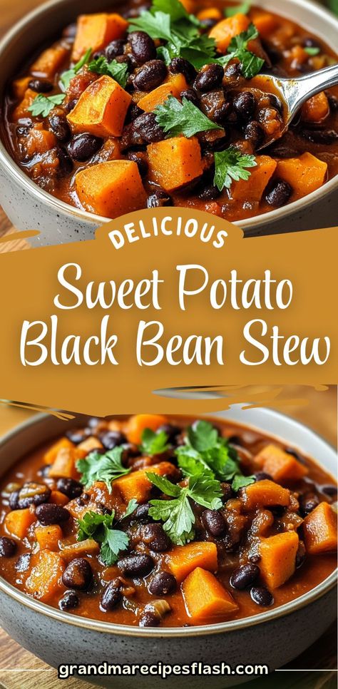 A hearty and flavorful plant-based stew featuring sweet potatoes, black beans, and warm spices, perfect for a cozy weeknight meal. This recipe is vegan, gluten-free, and packed with nutrients. Pair it with crusty bread or enjoy as is Sweet Potato Black Bean Recipe, Vegan Black Bean Recipes, Black Bean Stew, Sweet Potato And Black Bean, Black Bean Soup Recipe, Gf Df Recipes, Gluten Dairy Free Recipes, Hearty Recipes, Fasting Recipes