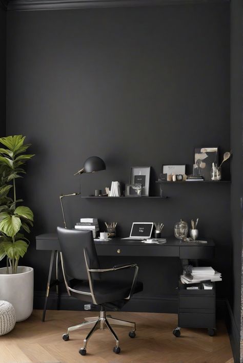 home decor interior design,interior bedroom design,designer wall paint,home paint colors Dark Grey Office Walls, Black And White Office Design, Dramatic Walls, Black And White Office, Office Paint Colors, Light Colored Furniture, Grey Office, Sleek Furniture, Cast A Spell