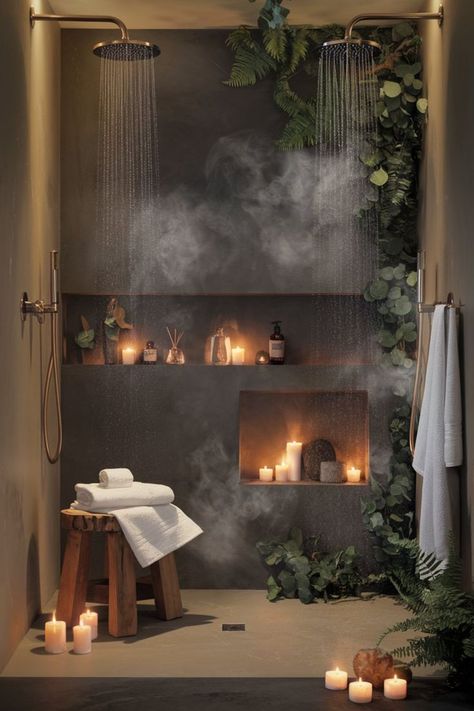 Walk-in shower with marble tiles and rainfall showerhead for a luxe experience. Walk In Rainfall Shower Ideas, Statement Master Bath, Dark Spa Bathroom Ideas, Spa Vibes Bathroom, Luxury Shower Tile Ideas, Dark Spa Aesthetic, Two Person Shower Walk In, Spa Shower Ideas Walk In, Spa Room Decor Luxury