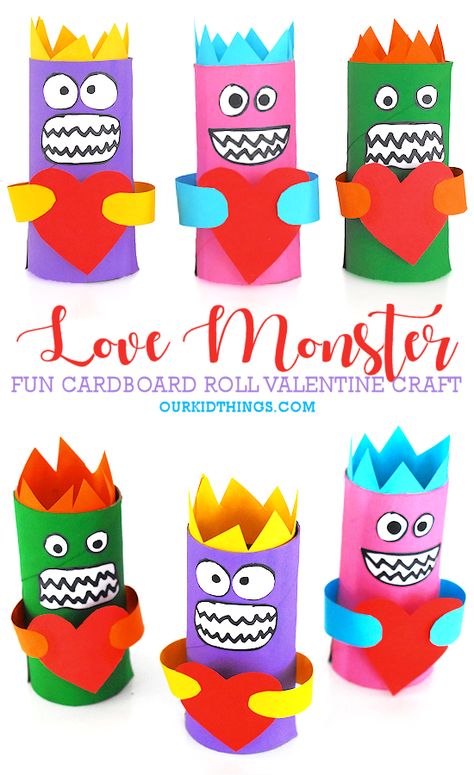 Toilet Paper Roll Crafts Valentines, Love Monster Craft Preschool, Heart Monster Craft, Love Monster Craft, Toilet Paper Roll Crafts Monster, Love Monster Art Lesson, Valentines Love Monster Craft, Love Monster Box Valentines Day, Valentines Art For Kids