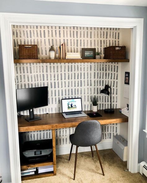 Bedroom Closet Into Office, Small Kitchen Desk Area, Work From Home Closet Office, Closet Into Desk Nook, Closet Computer Desk, Office In Small Closet, Cloest Desk, Cloffice Decor Ideas, Coat Closet Turned Office