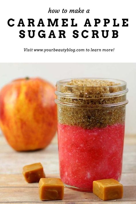 How to make a caramel apple sugar scrub recipe. This easy hand made scrub is for exfoliating the body, for hands, for legs, and for feet. This fall scrub looks cute in jars for packaging. It makes a great gift idea for Christmas, too. This simple DIY scrub uses brown sugar and white sugar. #sugarscrub #diy #diybeauty Easy Diy Scrub, Scrub Recipe Diy, Diy Sugar Scrub Recipe, Diy Body Scrub Recipes, Săpunuri Handmade, Body Scrub Recipe, Sugar Scrub Homemade, Homemade Scrub, Diy Rose