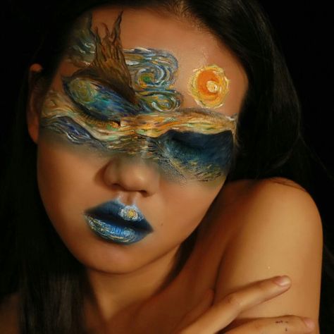 Starry Night Vincent van Gogh inspired Van Gogh Starry Night Makeup, Van Gogh Eye Makeup, Van Gogh And Starry Night Costume, Van Gogh Inspired Makeup, Starry Night Halloween Costume, Starry Night Face Paint, Starry Night Makeup Look, Face Art Makeup Paint Ideas, Starry Night Costume