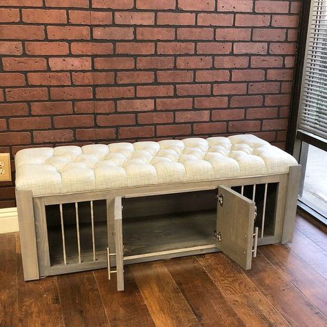 Mudroom Bench With Dog Crate, Dog Crate With Bed On Top, End Of Bed Dog Bench, Dog Crate Bench Seat Diy, Dog Kennel Window Seat, Diy Dog Kennel Bench, Bench With Dog Bed Under, Bench Dog Crate, Dog Kennel Bench Seat