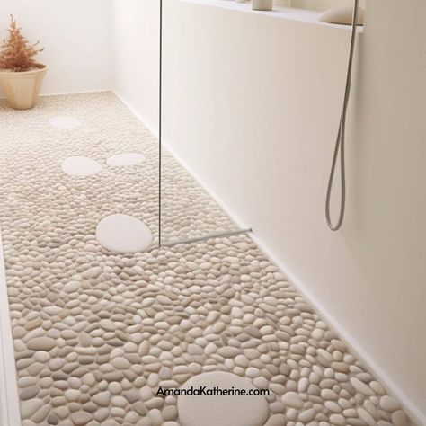 Pebble Shower Floor Pros and Cons— Is It The Right Choice For Your Bathroom? - Amanda Katherine Shower With Rock Floor Pebble Tiles, Pebbles Tiles Bathroom, White Stone Shower Floor, Pebble Stone Floor Bathroom, Pebble Tiles Bathroom, Pebble Rock Shower Floor, Pebble Shower Ideas, Pebbled Bathroom Floor, Shower Floor Pebble Tile