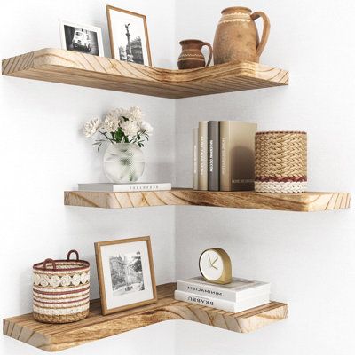 Wall-mounted shelves are designed for decoration and storage to utilize and decorate corner spaces. Use as a bedroom corner display to display your collectibles, books or prizes. Corner shelves are perfect for displaying your picture frames, small plants, models or audio in your living room, office, study room. It can also be used in the bathroom to hold toiletries or as a kitchen corner shelf to store condiments. | Hokku Designs Wall Floating Corner Shelves, Set Of 3 Brown 1.0 x 16.0 x 11.4 in, Dining Room Corner Shelves, Corner Wall Shelf Living Room, L Shelves Corner, Wall Shelves With Pictures, Small Picture Shelves, Shelving On Wall, Wall Mount Tv With Floating Shelves, Corner Floating Shelves Laundry Room, Small Corner Floating Shelves