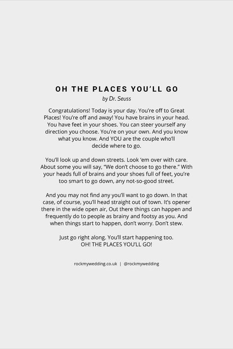 Oh The Places You'll Go By Dr Seuss Full Wedding Reading Funny Wedding Readings, Wedding Readings From Literature, Wedding Readings Funny, Wedding Poems Reading, Red Grey Wedding, Literature Wedding, Reading Wedding, Wedding Reading, Wedding Ceremony Readings