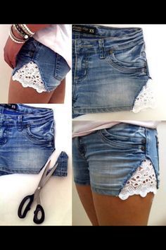 I really like the sewed lace onto the shorts. How To Make Ripped Jeans, Diy Denim Shorts, Diy Jean Shorts, Jean Diy, Lace Denim Shorts, Shorts Diy, Diy Jeans, Womens Ripped Jeans, Diy Shorts