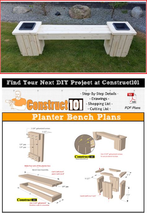 Planter Bench Plans, Bench Ideas Outdoor, Planter Seating, Bench Outdoor, Diy Wood Planters, Diy Bank, Planter Bench, Diy Bench Outdoor, Diy Planter Box