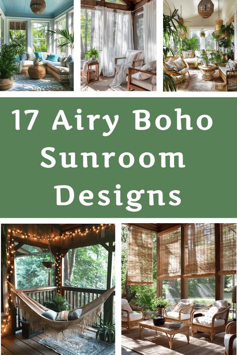 Explore 17 stunning and airy Boho sunroom designs that will inspire you to create your own cozy oasis at home. Incorporate natural elements, vibrant patterns, and plenty of greenery to achieve the perfect Bohemian look. Whether you're looking for a relaxing reading nook or a peaceful plant-filled space, these sunroom ideas are sure to spark your creativity. Embrace the eclectic and laid-back vibe of Boho style with these charming design inspirations. Laid Back Home Decor, Cabin Sunroom Ideas, Backyard Sunroom And Patio, Florida Room Decorating Ideas Sunroom, Indoor Sunroom Decorating Ideas, Indoor Sunroom Ideas Bohemian, Moody Sunroom Ideas, Sunroom For Plants, Curtains In Sunroom