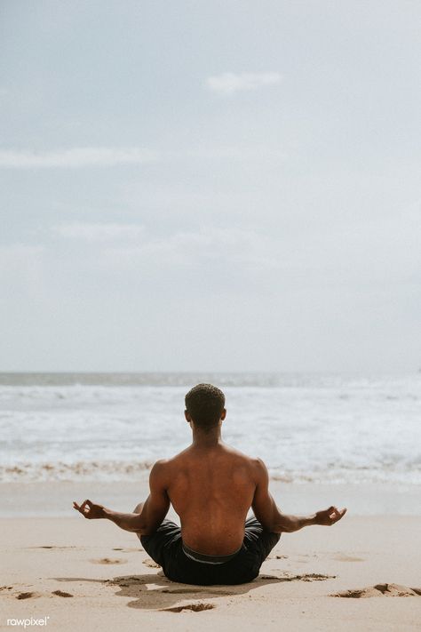 Black man meditating at the beach | premium image by rawpixel.com #photography #photos Man Meditating Photography, Men Meditation Aesthetic, Meditation Aesthetic Men, Mens Beach Photos, Sea Poses Photo Ideas Men, Mens Wellness Aesthetic, Beach Photography Poses Men, Men In Beach, Beach Photography Men