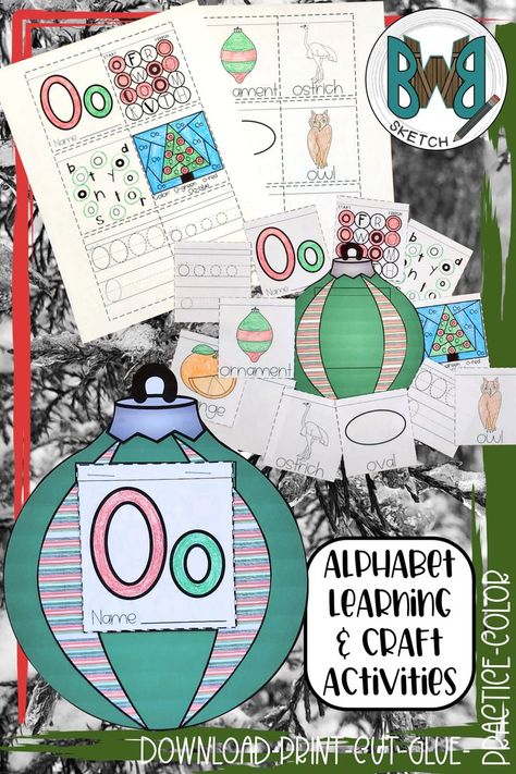 Deck the halls and make your letter lessons festive with this Letter O is for Ornament printable activity. This cute paper craft and letter O activity all in one will engage students and keep them busy. There is a color and a black & white ornament craft template included along with assembly instructions. 2 pages of mini letter activities to practice letter recognition, writing, and "O" words. The mini letter activities are cut apart and attached to the finished ornament craft. Letter O Christmas Crafts, O Is For Ornament, Letter O Activity, O Activities, Letter O Activities, Ornament Printable, O Words, Ornament Craft, E Craft